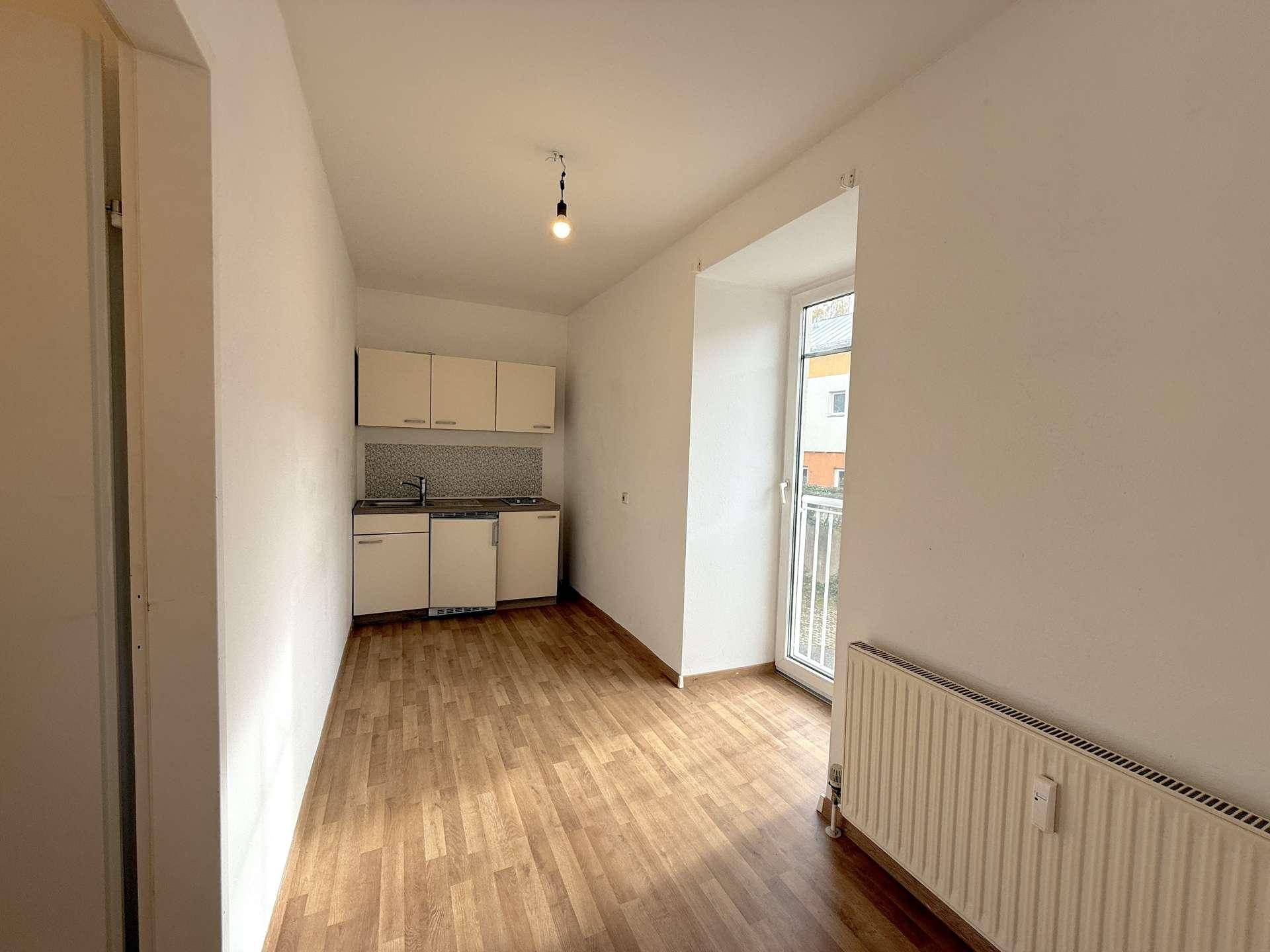 Kompakte Küchenzeile in einem hellen Raum mit Laminatboden und Fenster mit kleinem Balkon.