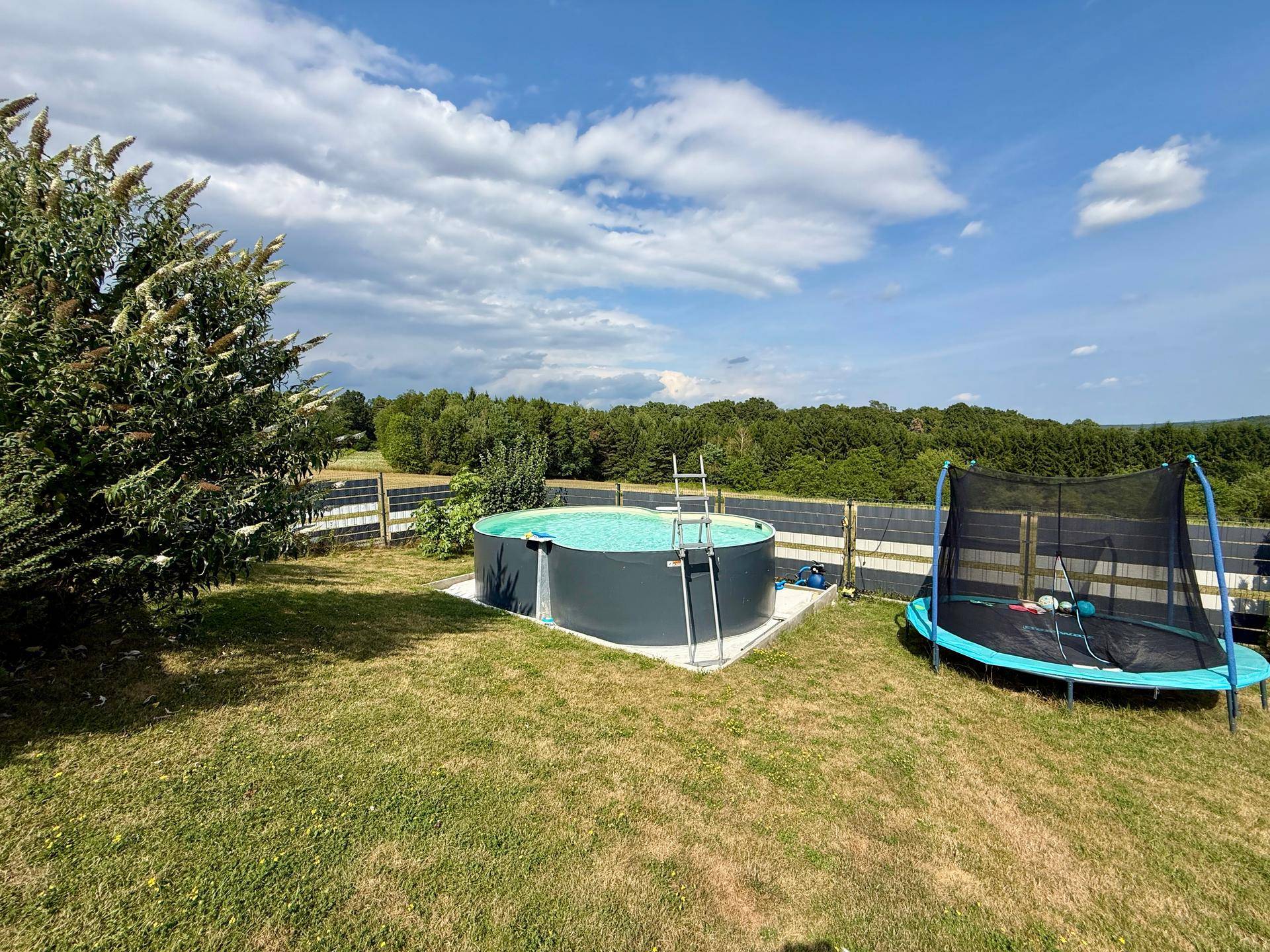 Detailansicht des Aufstellpools und Trampolins im weitläufigen Gartenbereich.