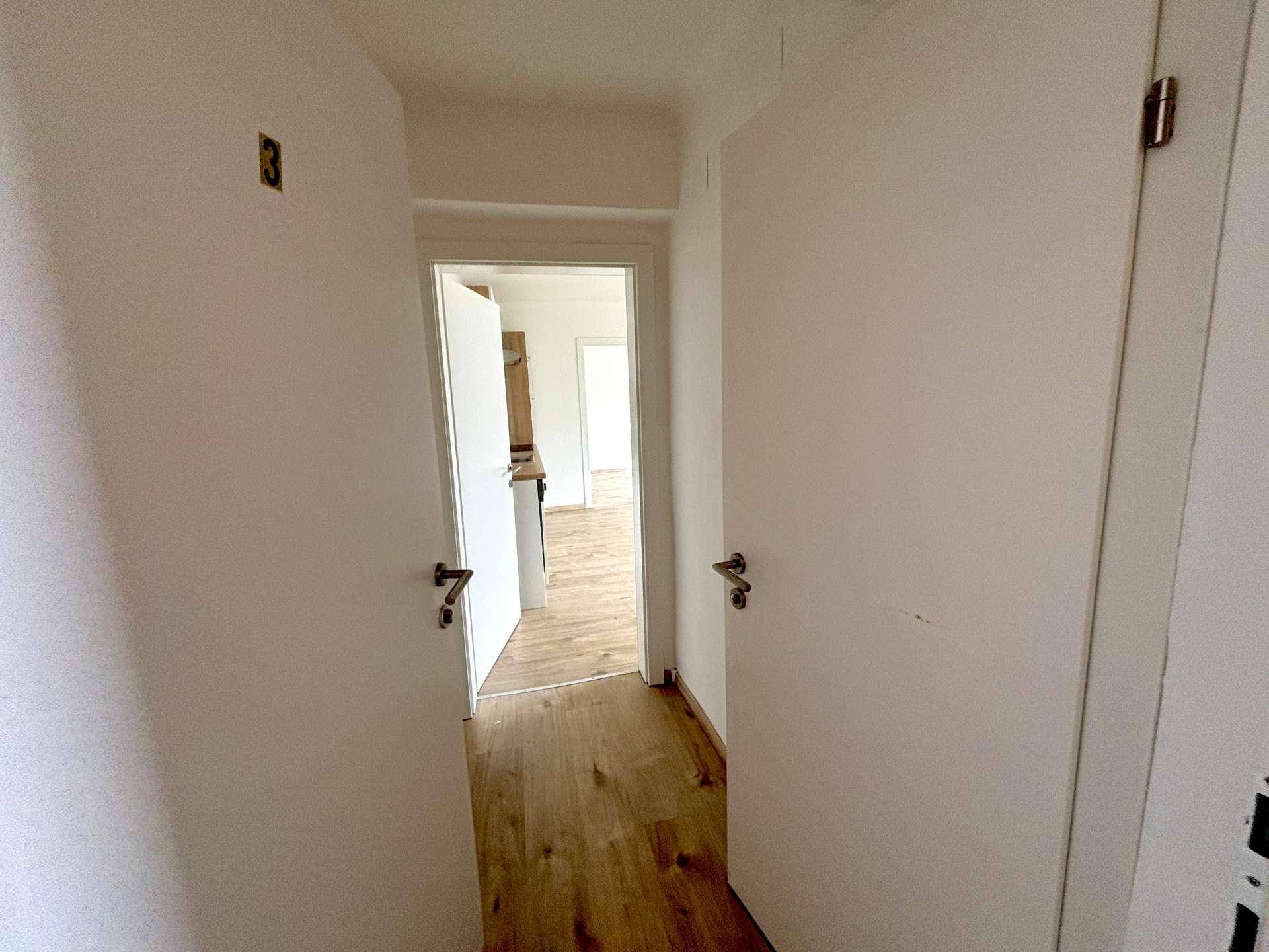 Heller Flur mit Laminatboden und mehreren Türen, der verschiedene Räume verbindet.
