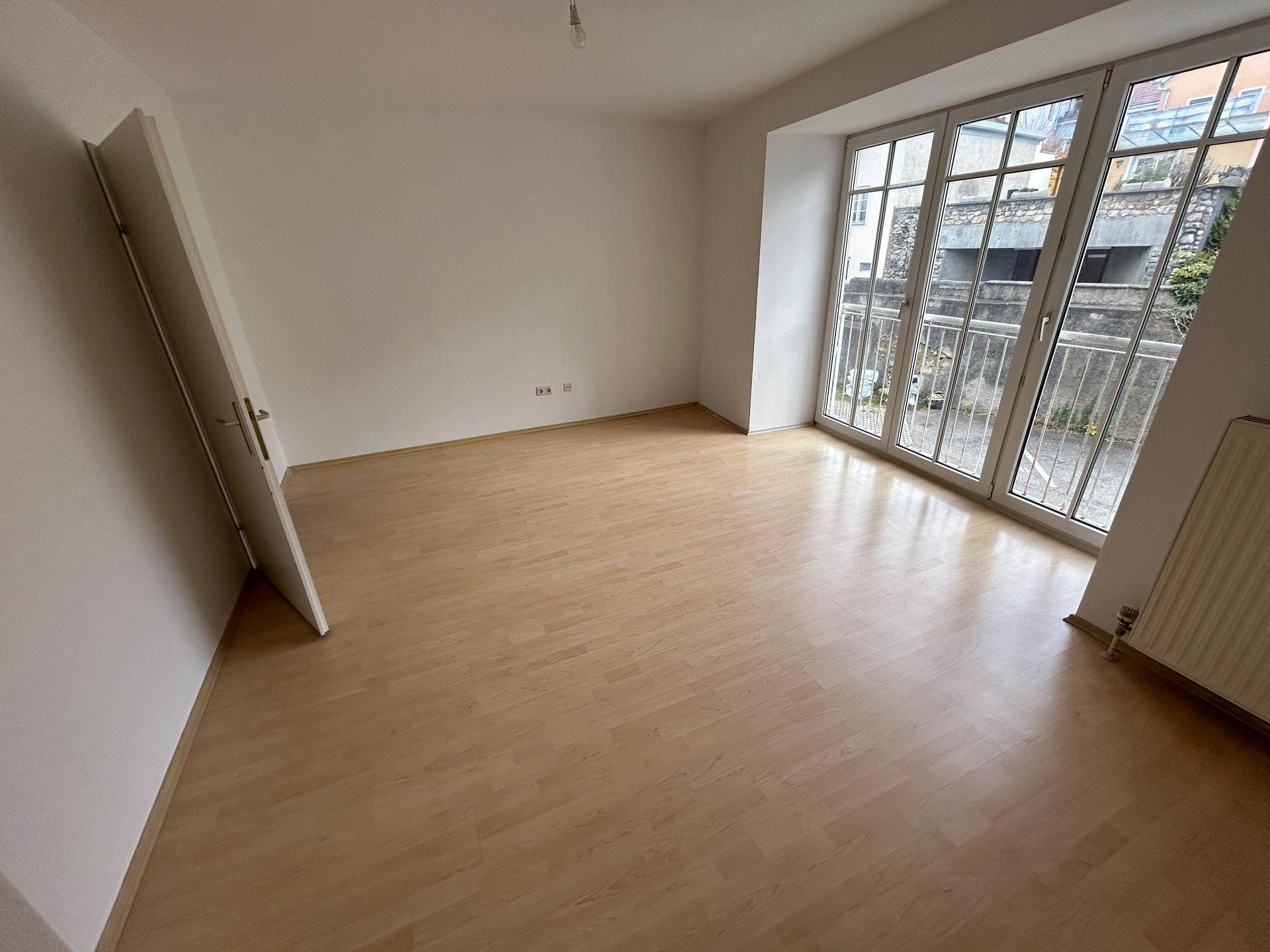 Geräumiger, heller Raum mit großen Fenstern und französischem Balkon, ausgestattet mit Laminatboden.