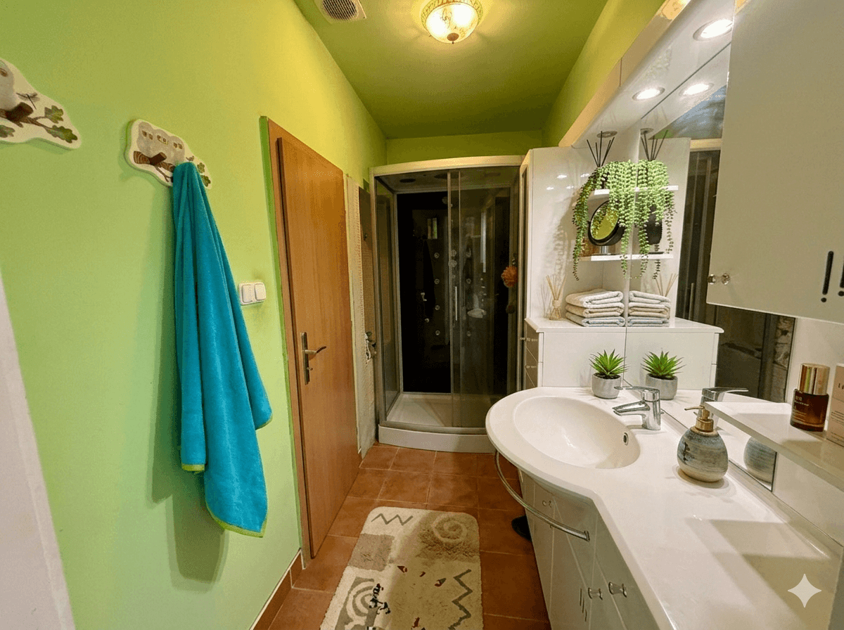Modernes Badezimmer mit grünen Wänden, Duschkabine und Einzelwaschbecken mit Spiegelschrank.