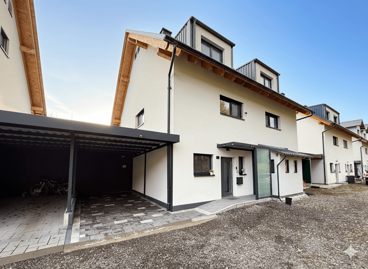 Vorderansicht eines modernen Reihenhauses mit Carport und gepflastertem Eingangsbereich.