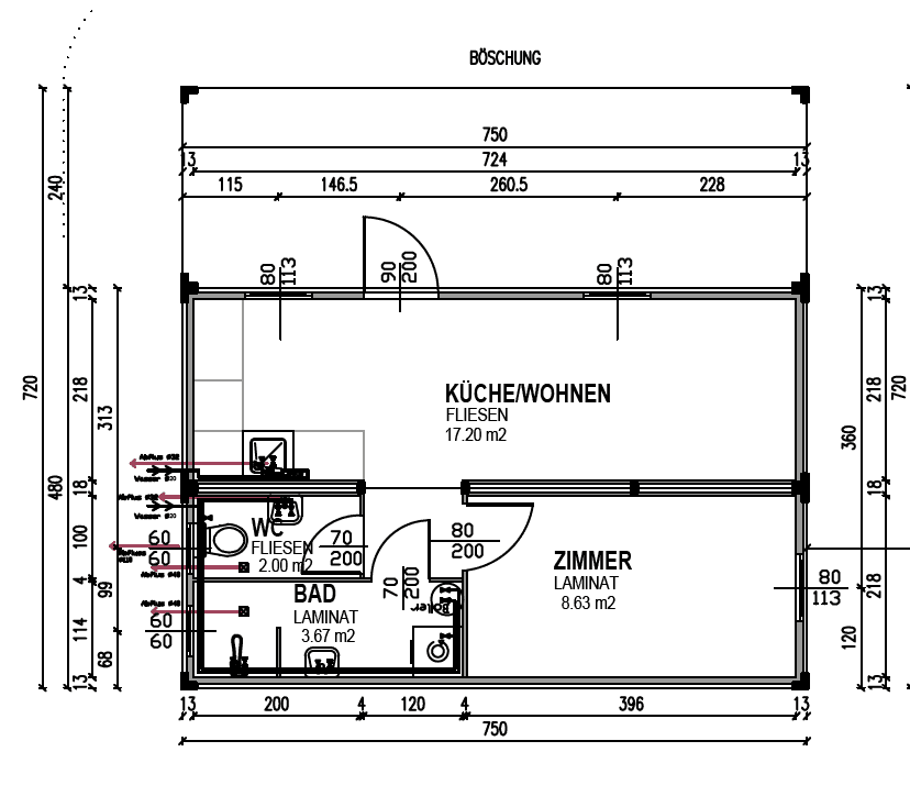 Grundriss einer kleineren Einheit mit Küche, Wohnbereich, Bad und Zimmer.
