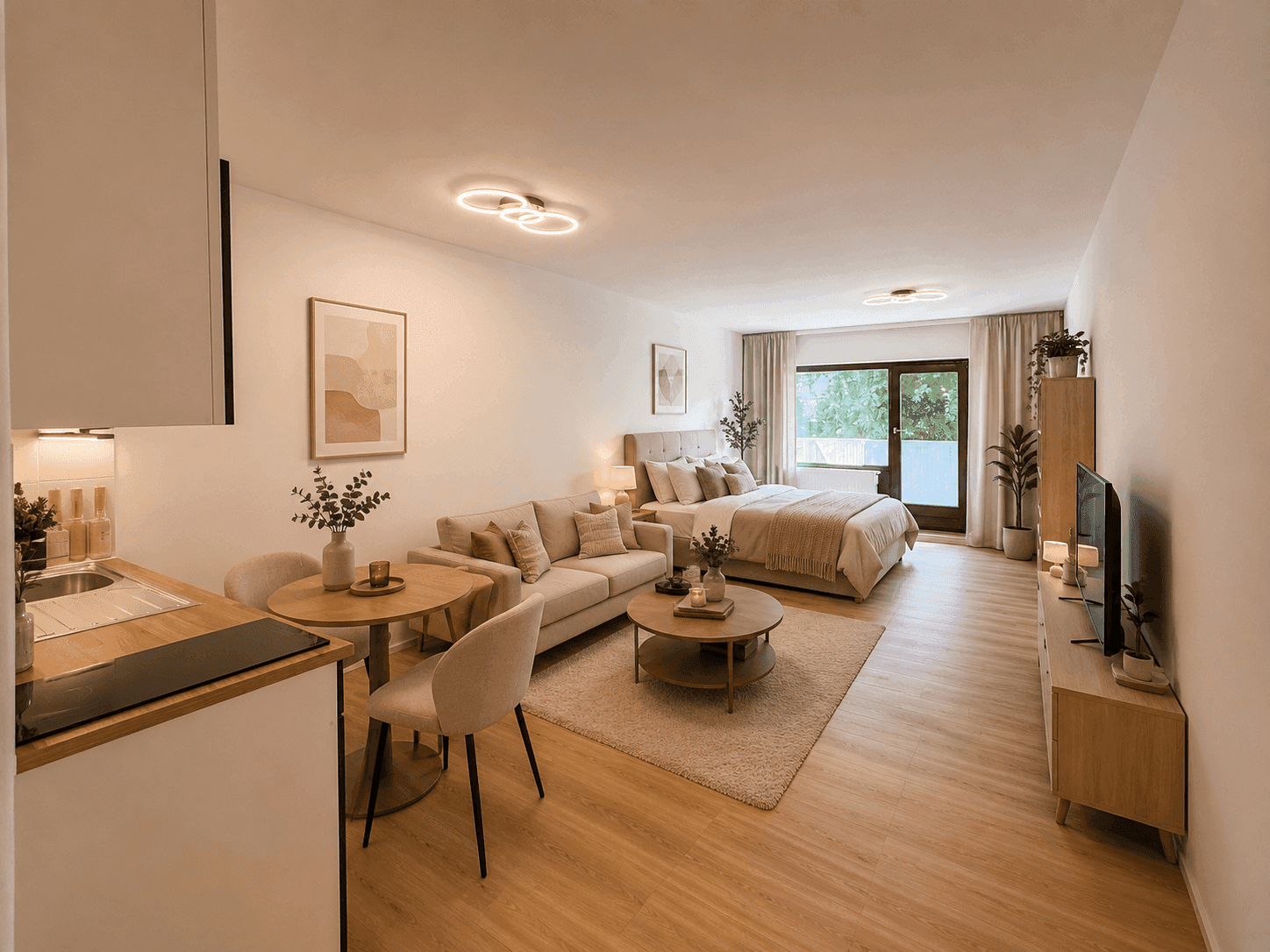 Modern eingerichtetes Studio-Apartment mit Schlaf-, Wohn- und Essbereich sowie integrierter Küchenzeile.