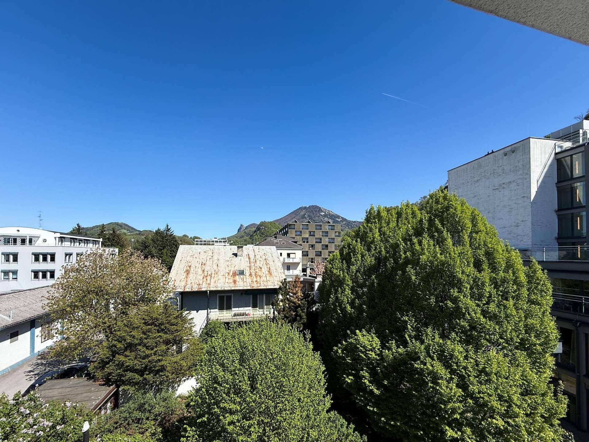 Weitblick über die Umgebung mit grünen Bäumen und Bergen im Hintergrund.