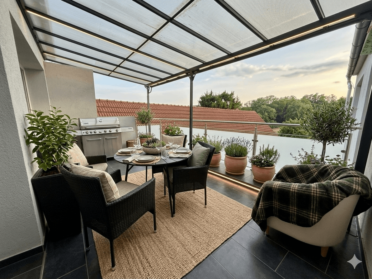 Überdachter Balkon mit Sitzgelegenheiten, Grill und Pflanzen, ideal für entspannte Abende.