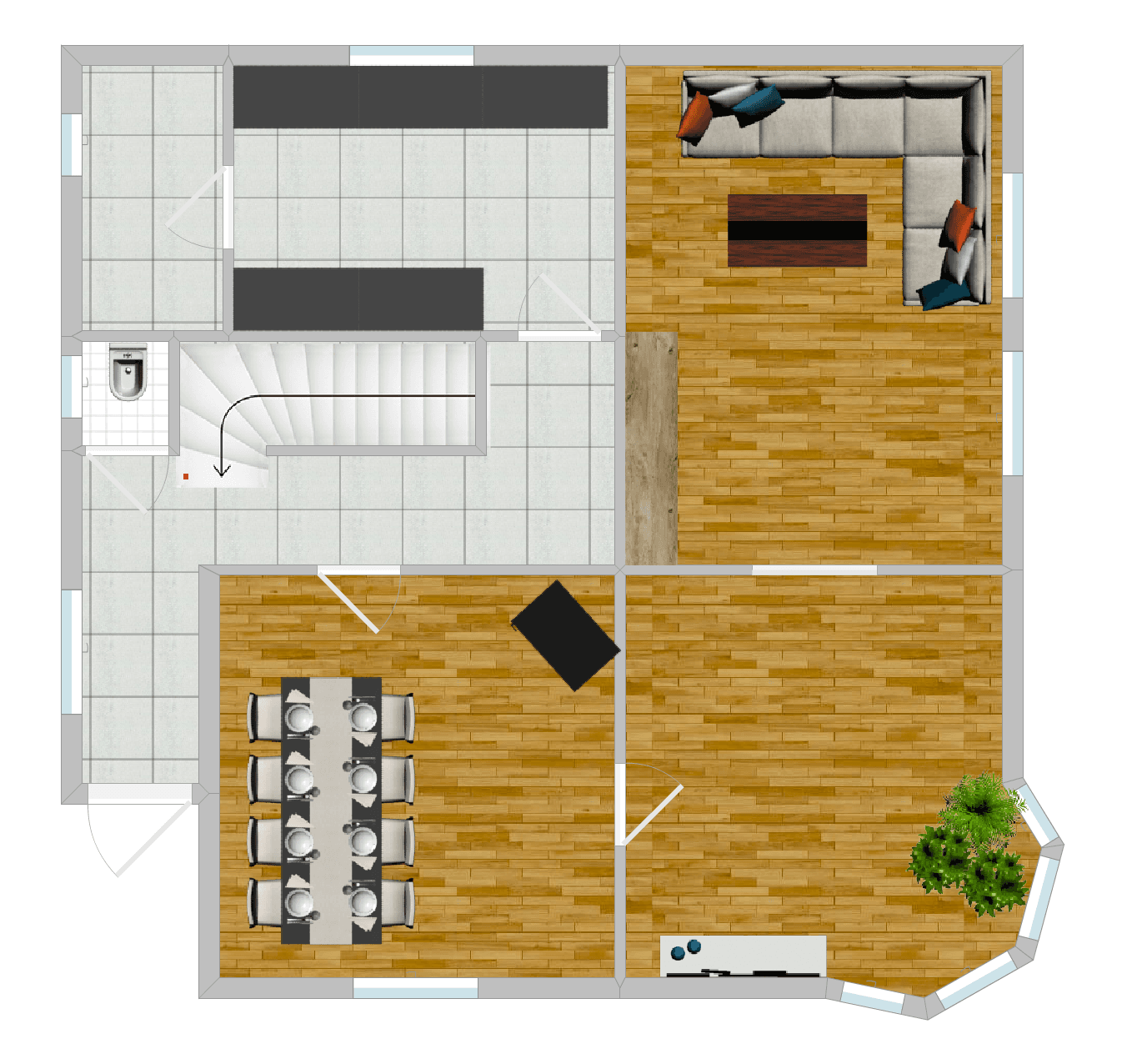 Grundriss des Erdgeschosses mit offenem Wohnbereich, Esszimmer und Küche.