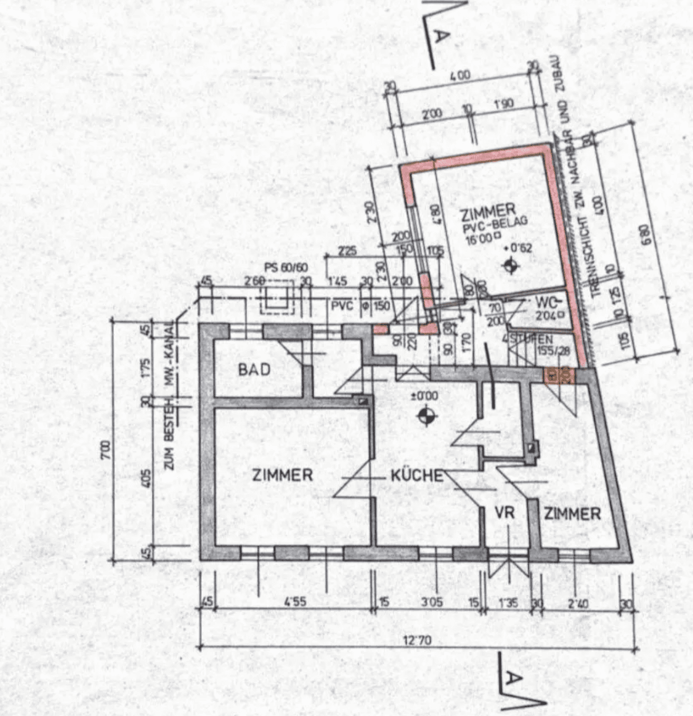 Grundrissplan mit Raumaufteilung für Zimmer, Küche, Bad und WC.