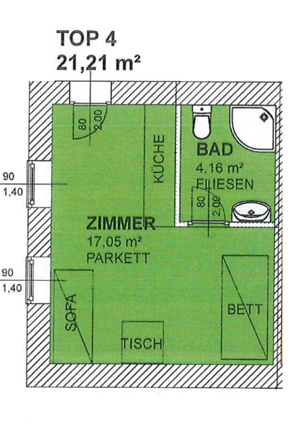 Grundrissplan einer Wohnung mit Zimmer, Küche und Bad, inklusive Flächenangaben.