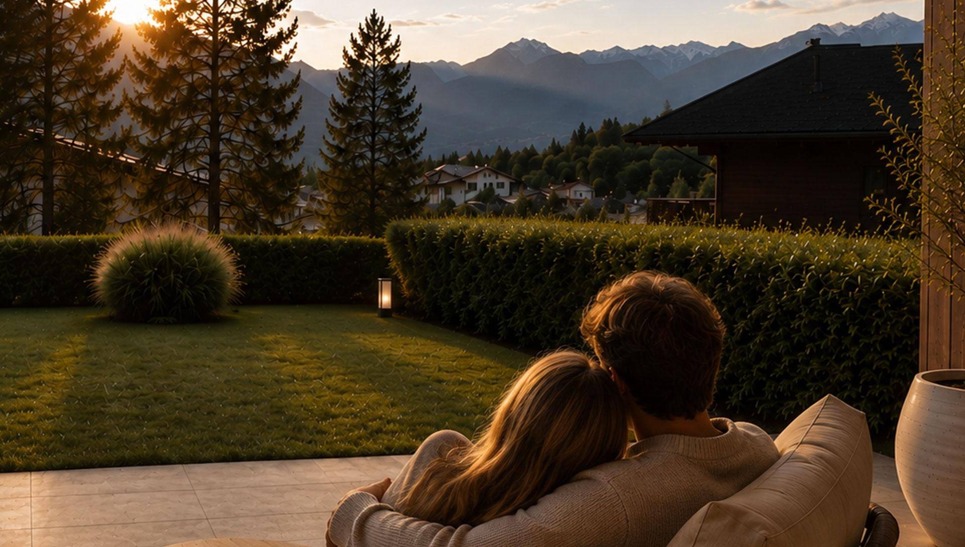 Gemütlicher Außenbereich mit Blick auf die Berge und den Sonnenuntergang, ideal zum Entspannen.