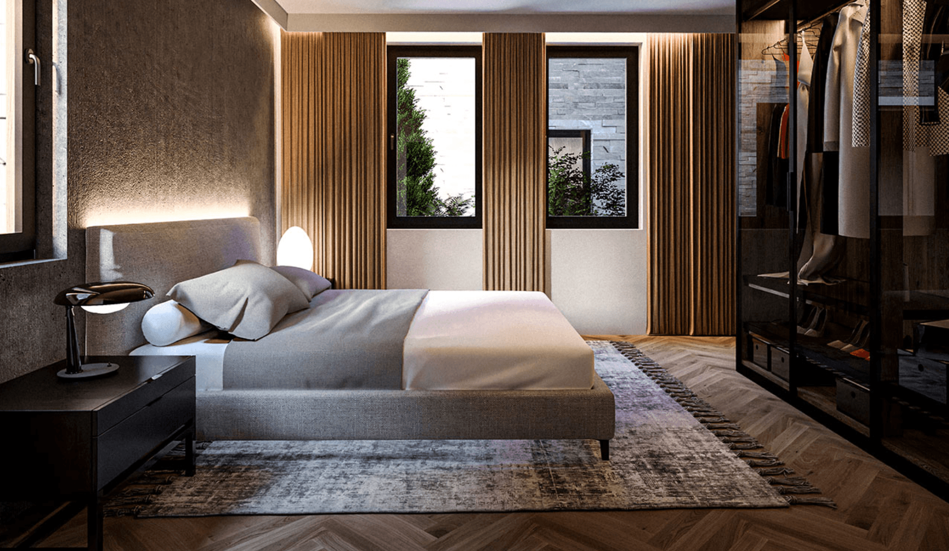 Modernes Schlafzimmer mit Holzboden, integriertem Kleiderschrank und indirekter Beleuchtung.