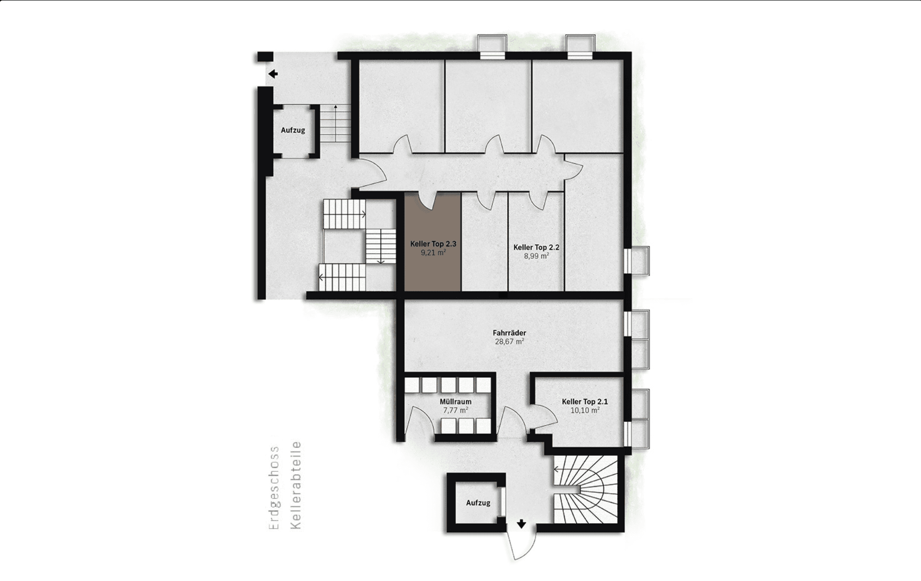 Grundriss des Kellergeschosses mit Abstellräumen, Fahrradraum und Müllraum.