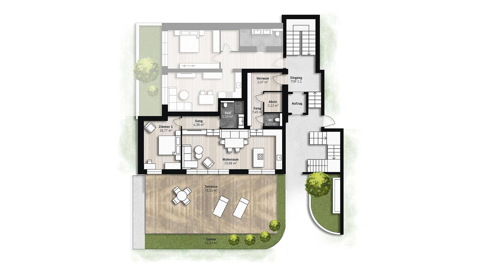 Grundriss einer Wohnung mit offenem Wohnbereich, großer Terrasse und Gartenanteil.