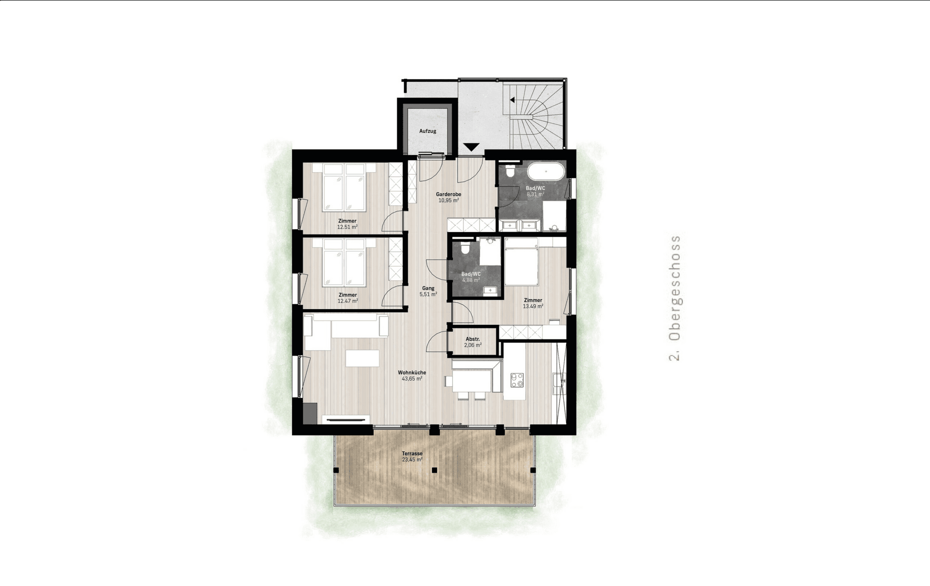 Grundriss des zweiten Obergeschosses mit drei Zimmern, zwei Bädern und Terrasse.