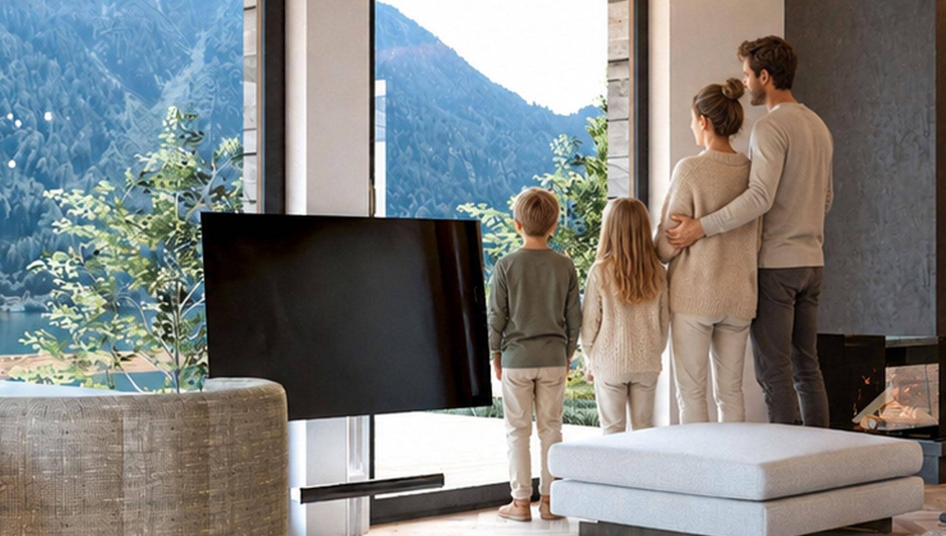 Familienfreundlicher Wohnbereich mit großen Fenstern und spektakulärem Blick auf die Berge und den See.