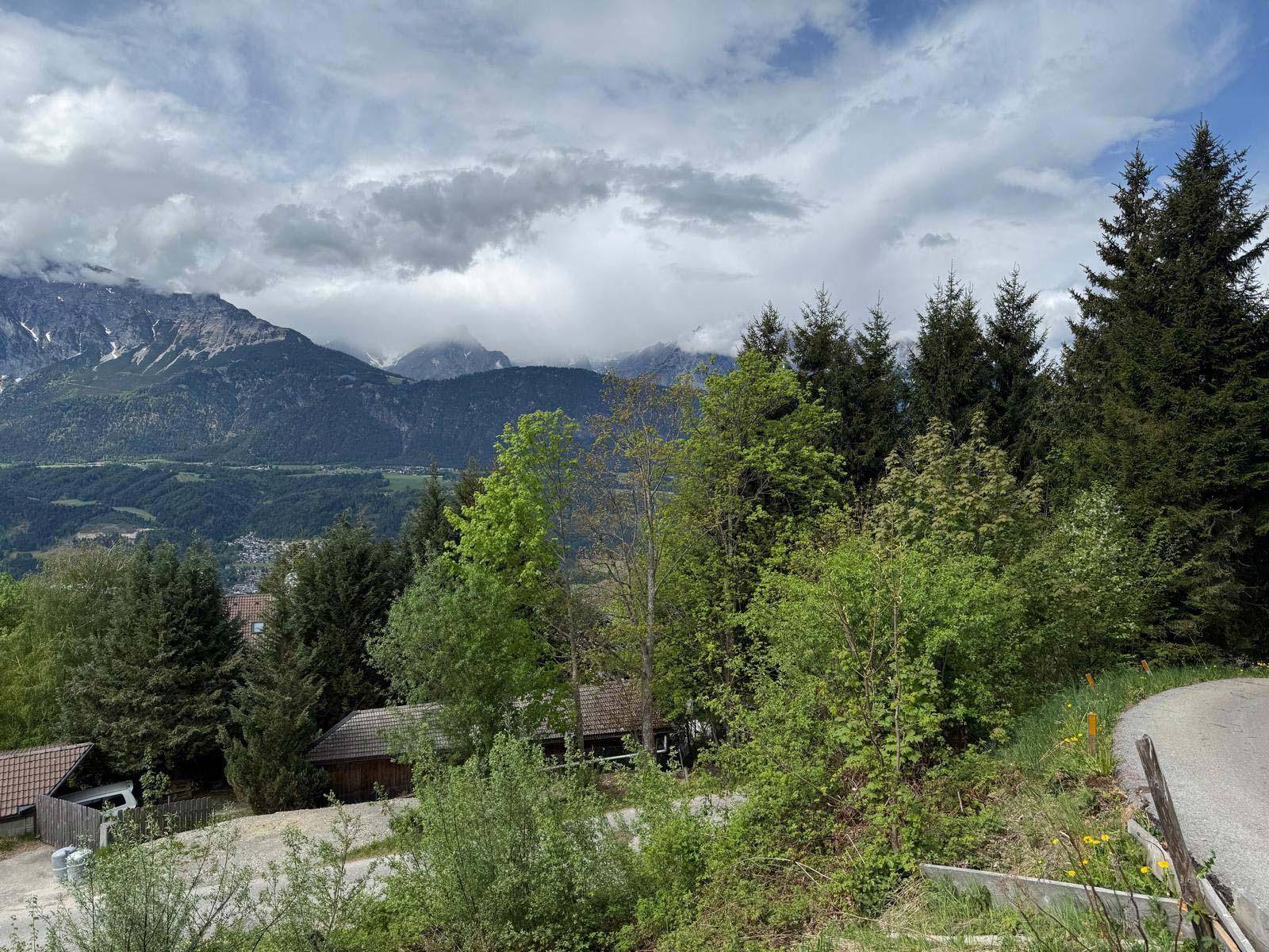 Grünes Grundstück mit Bäumen und einem weiten Blick auf die Bergkette im Hintergrund.