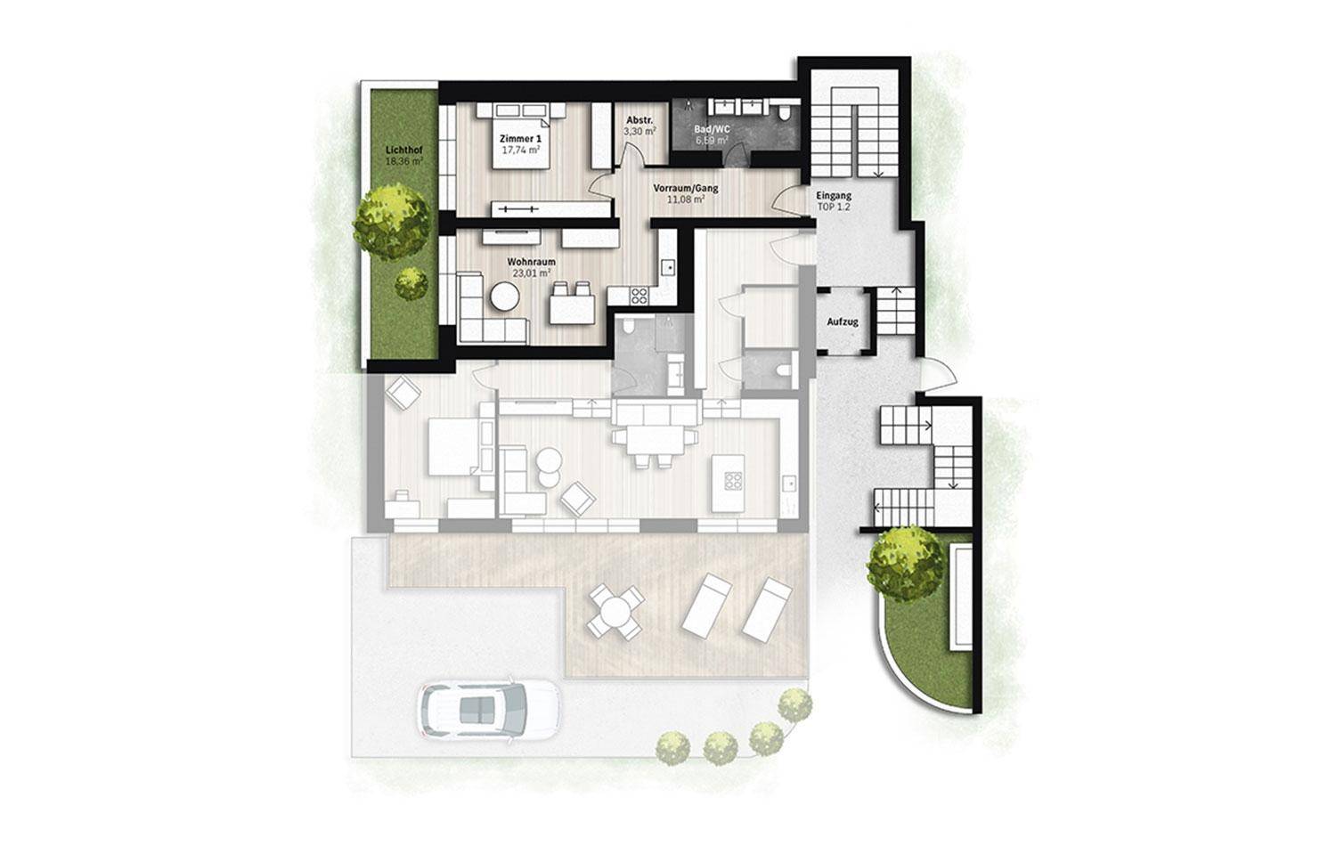 Detaillierter Grundriss einer Wohnung mit Garten, Terrasse, Balkon und offenem Wohnbereich.