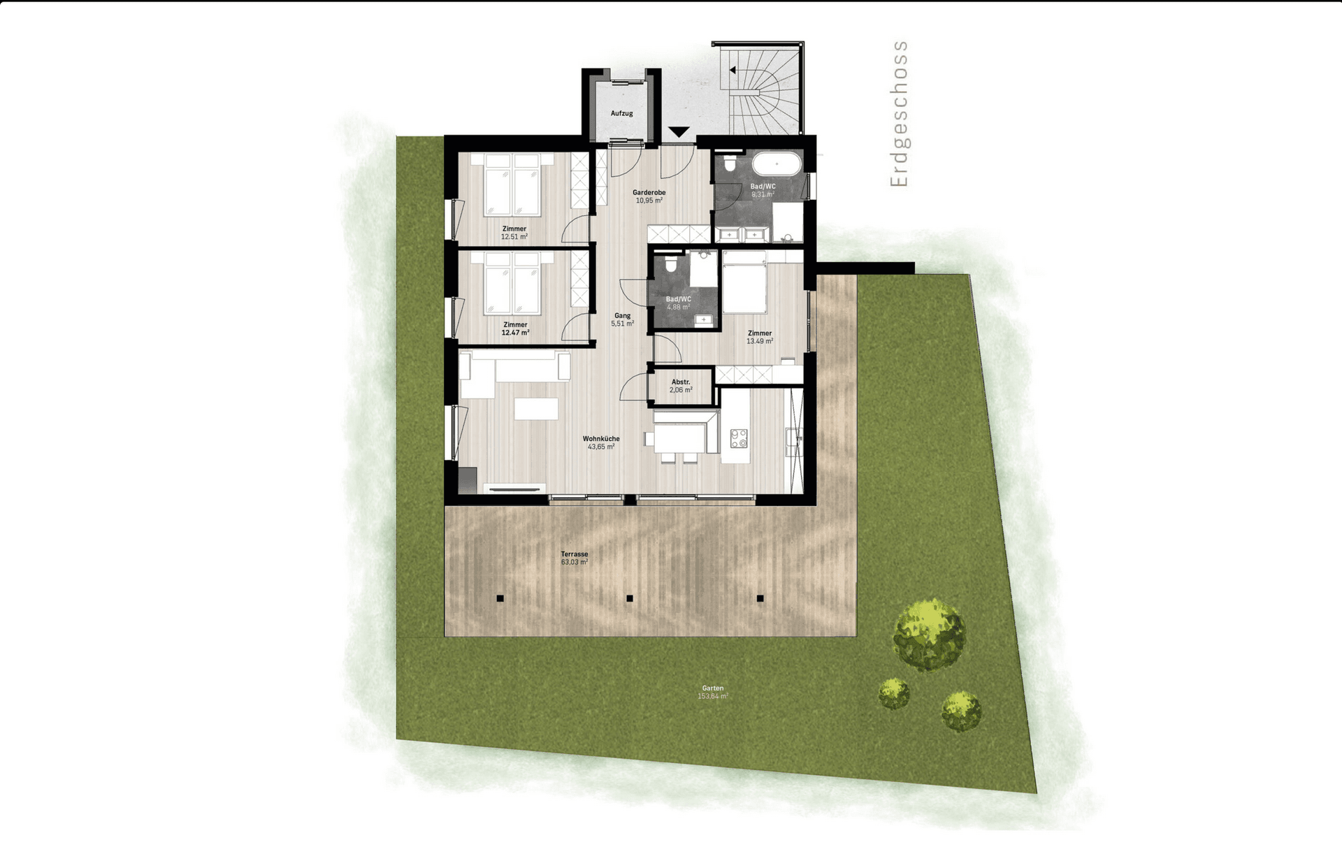 Grundriss des Erdgeschosses mit drei Schlafzimmern, offener Wohnküche und großer Terrasse.