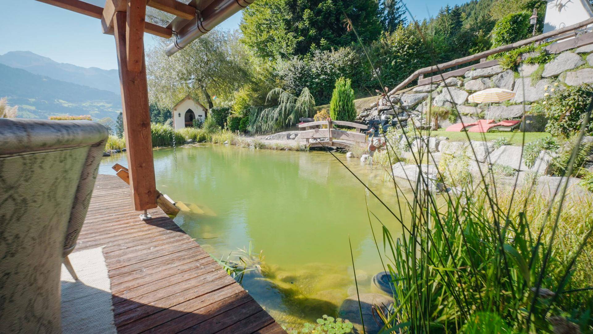 Idyllischer Naturteich im Garten mit Holzsteg und üppiger Bepflanzung.