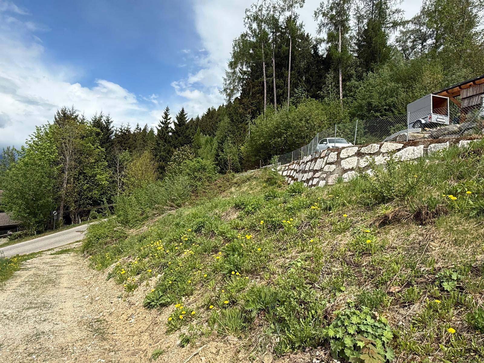 Grünes Hanggrundstück mit einer Natursteinmauer und einem unbefestigten Weg unter blauem Himmel.