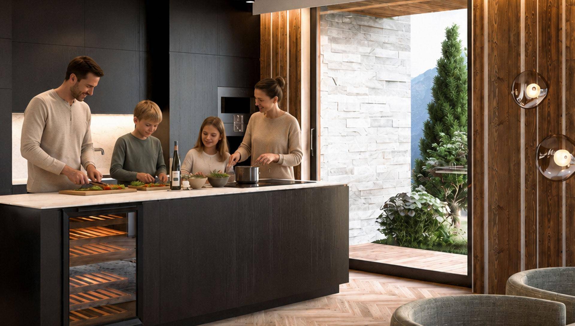 Moderne Küche mit Kochinsel, Weinkühler und Holzakzenten, ideal für Familien.