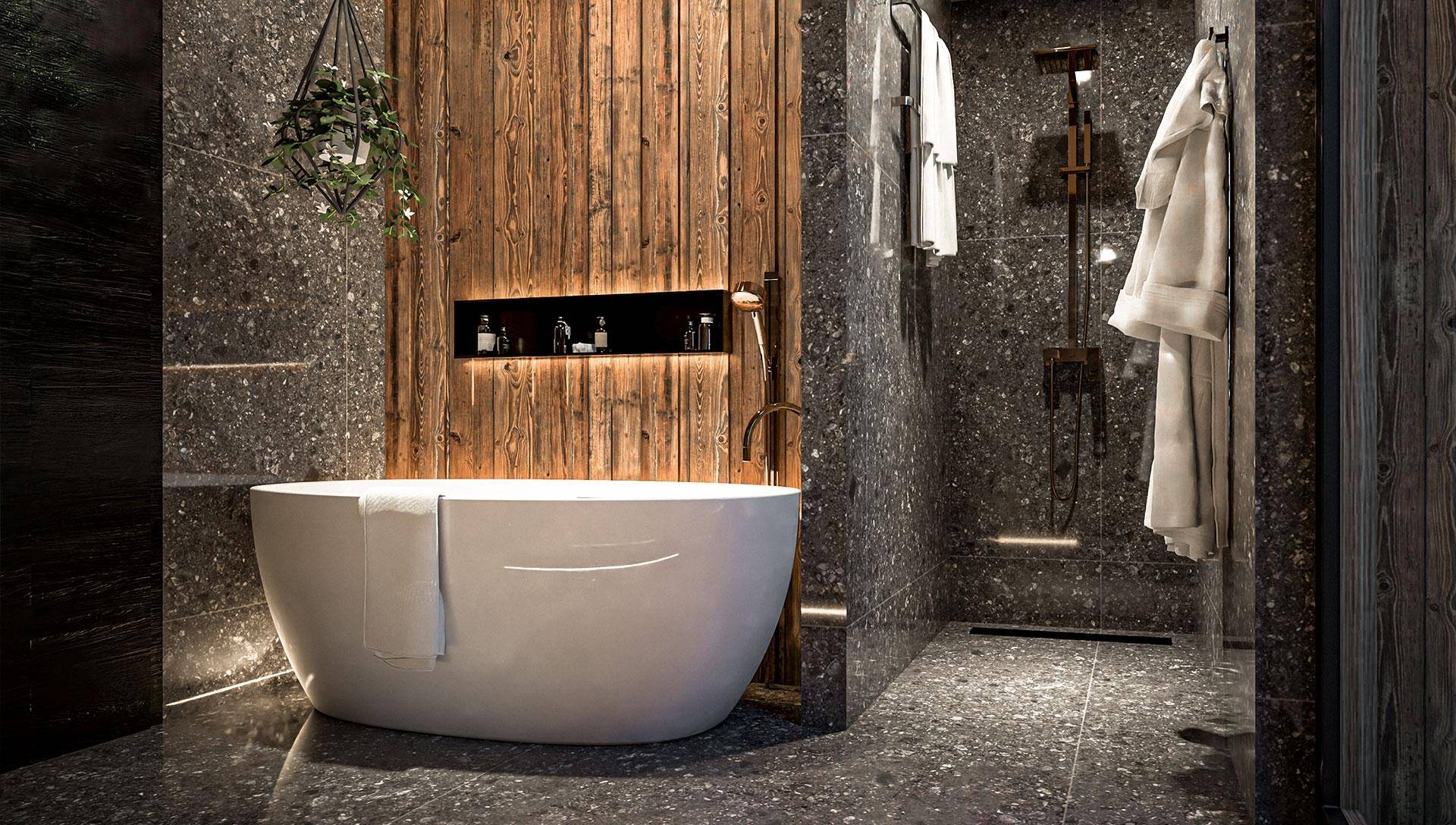 Luxuriöses Badezimmer mit freistehender Badewanne, Regendusche und dunklen Fliesen.