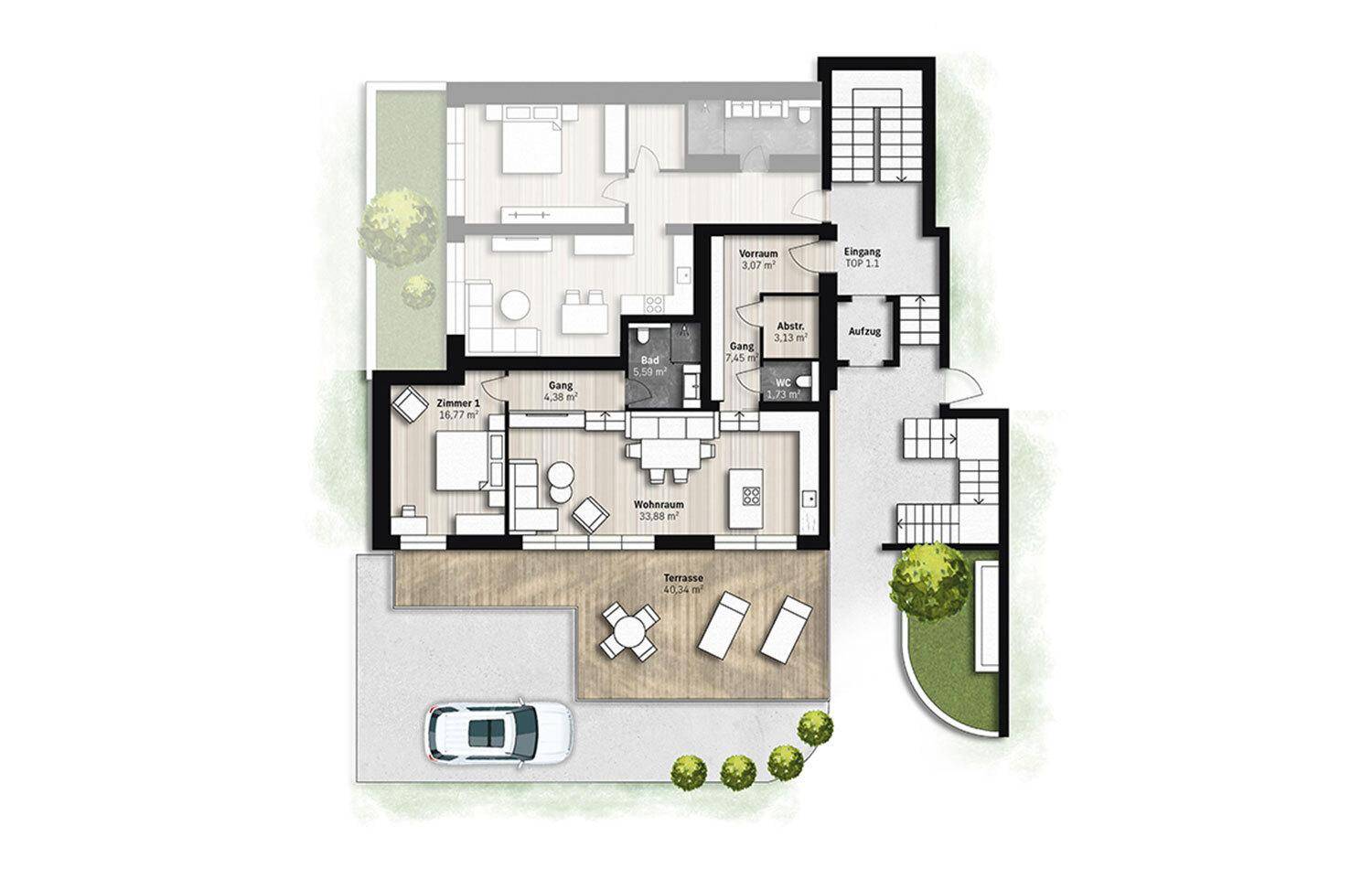 Detaillierter Grundriss einer Wohnung mit Terrasse, Gartenanteil und offenem Wohnbereich.