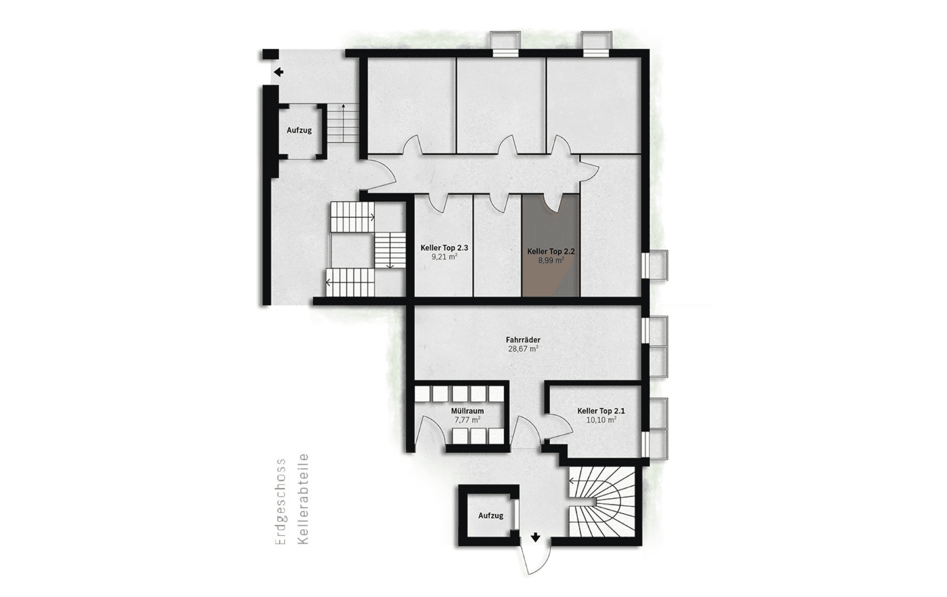 Grundriss des Kellergeschosses mit Abstellräumen, Fahrradraum und Aufzug.