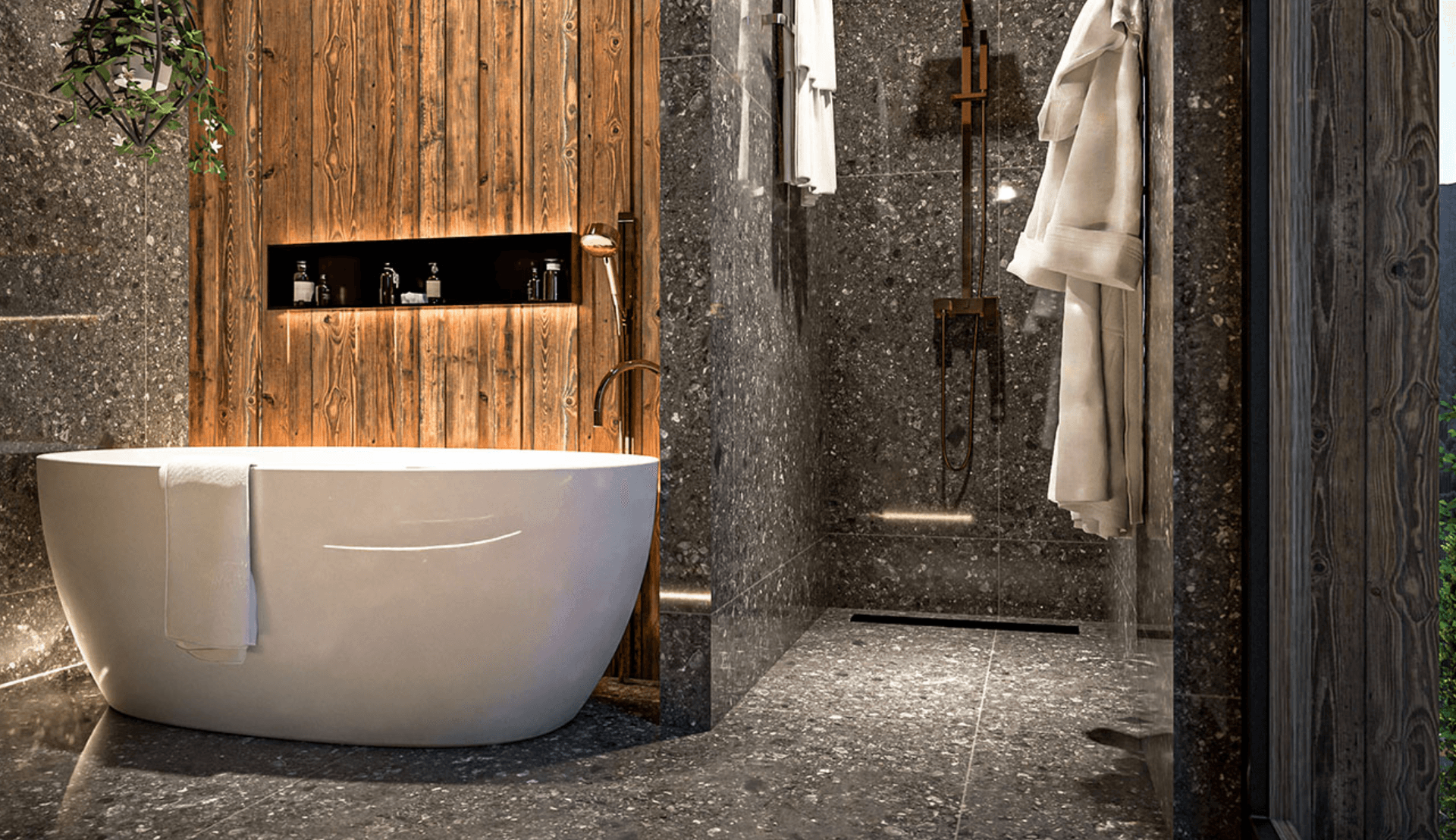 Luxuriöses Badezimmer mit freistehender Badewanne, begehbarer Dusche und dunklen Fliesen.