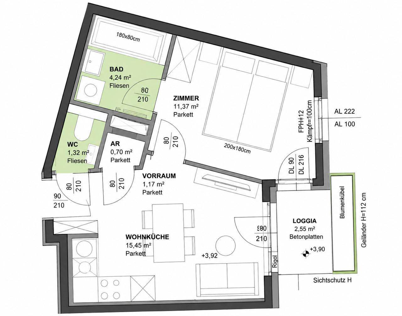 Detaillierter Grundriss einer Wohnung mit Wohnküche, Schlafzimmer, Bad und Loggia.