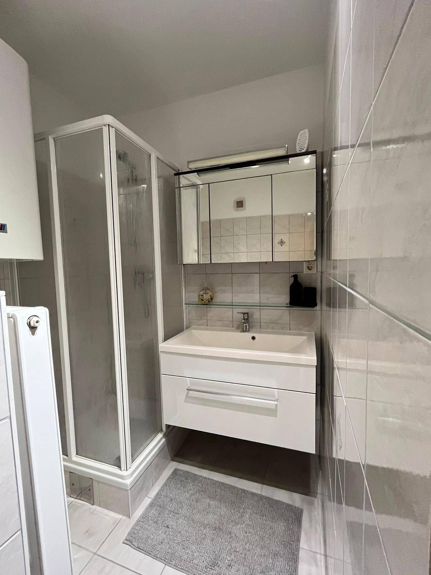 Modernes Badezimmer mit Duschkabine, Einzelwaschbecken und Spiegelschrank.