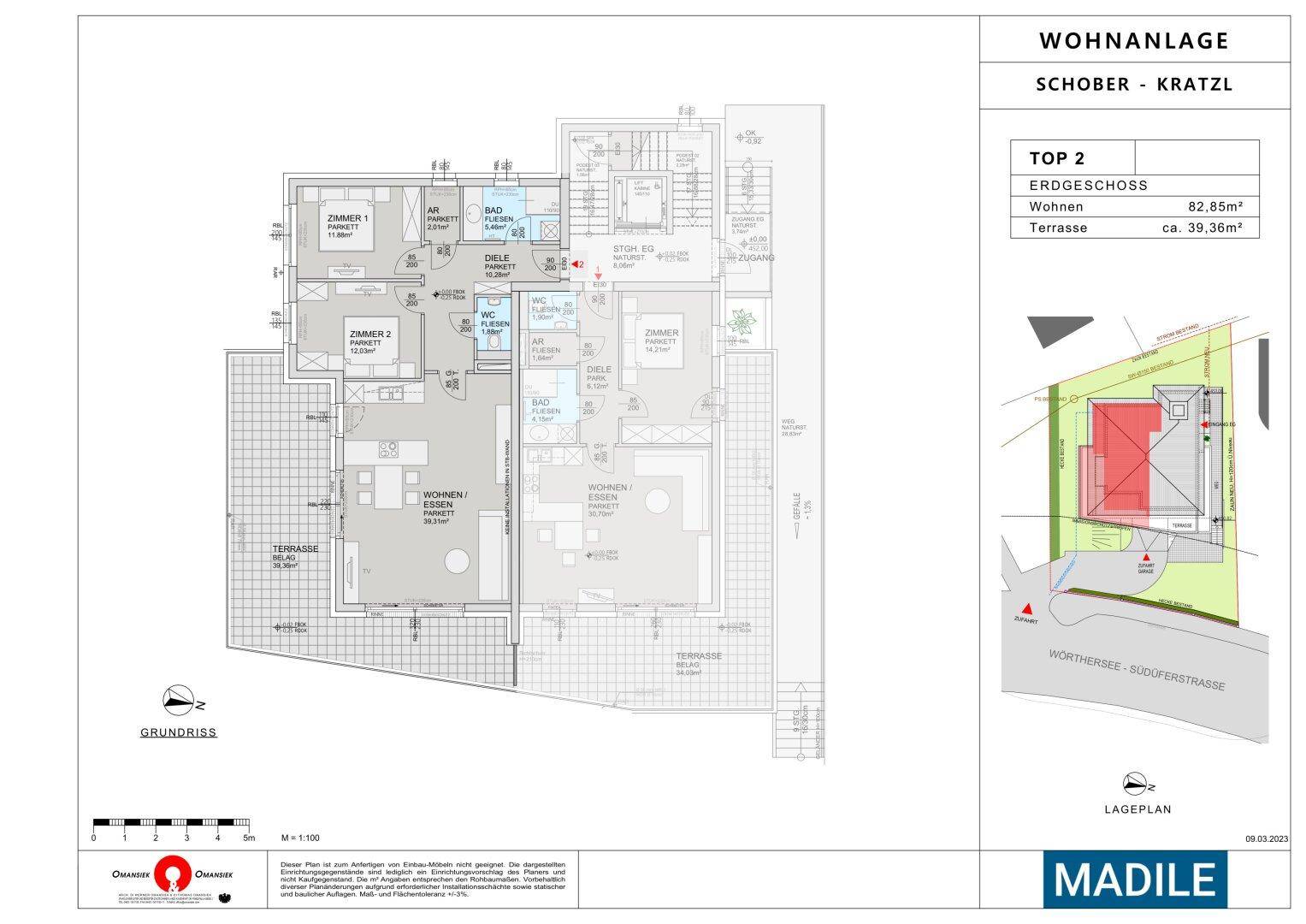 Grundriss der Wohnung Top 2 im Erdgeschoss mit Wohn-Essbereich und Terrasse.