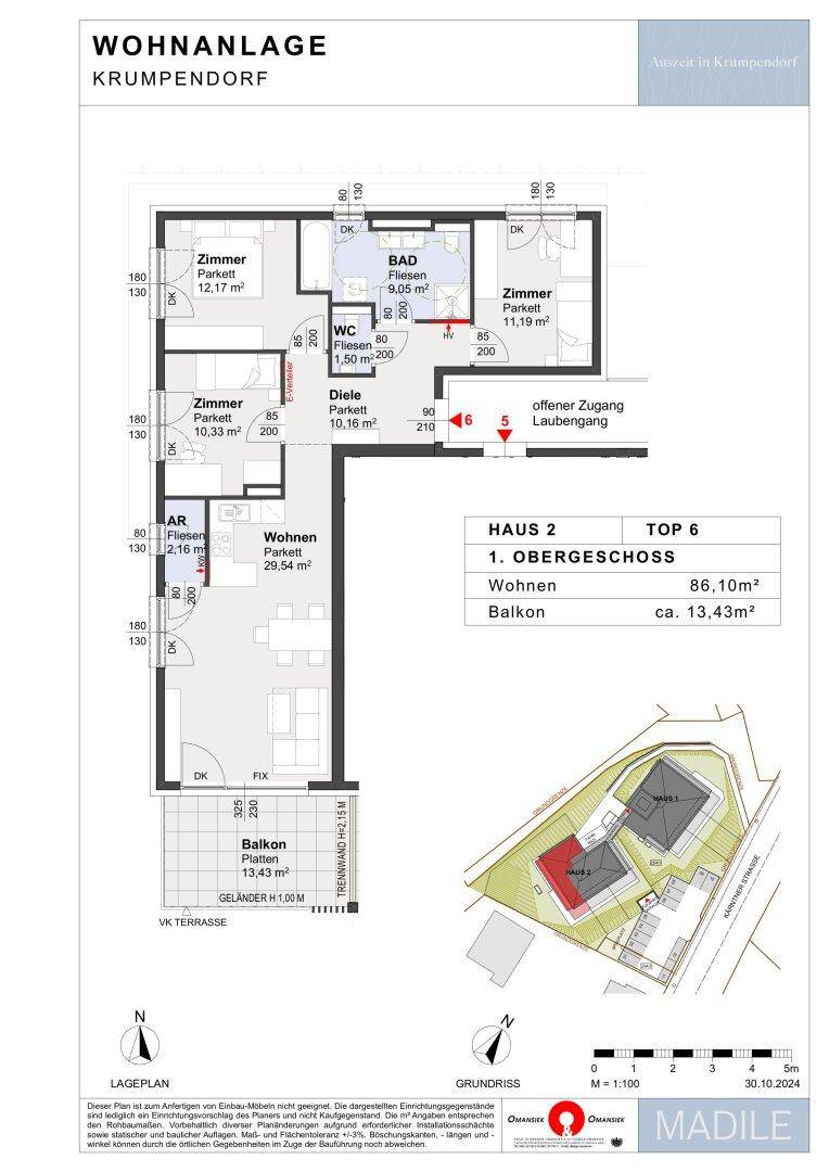 Grundriss für eine Wohnung im Obergeschoss mit drei Zimmern, Bad, WC und einem Balkon.
