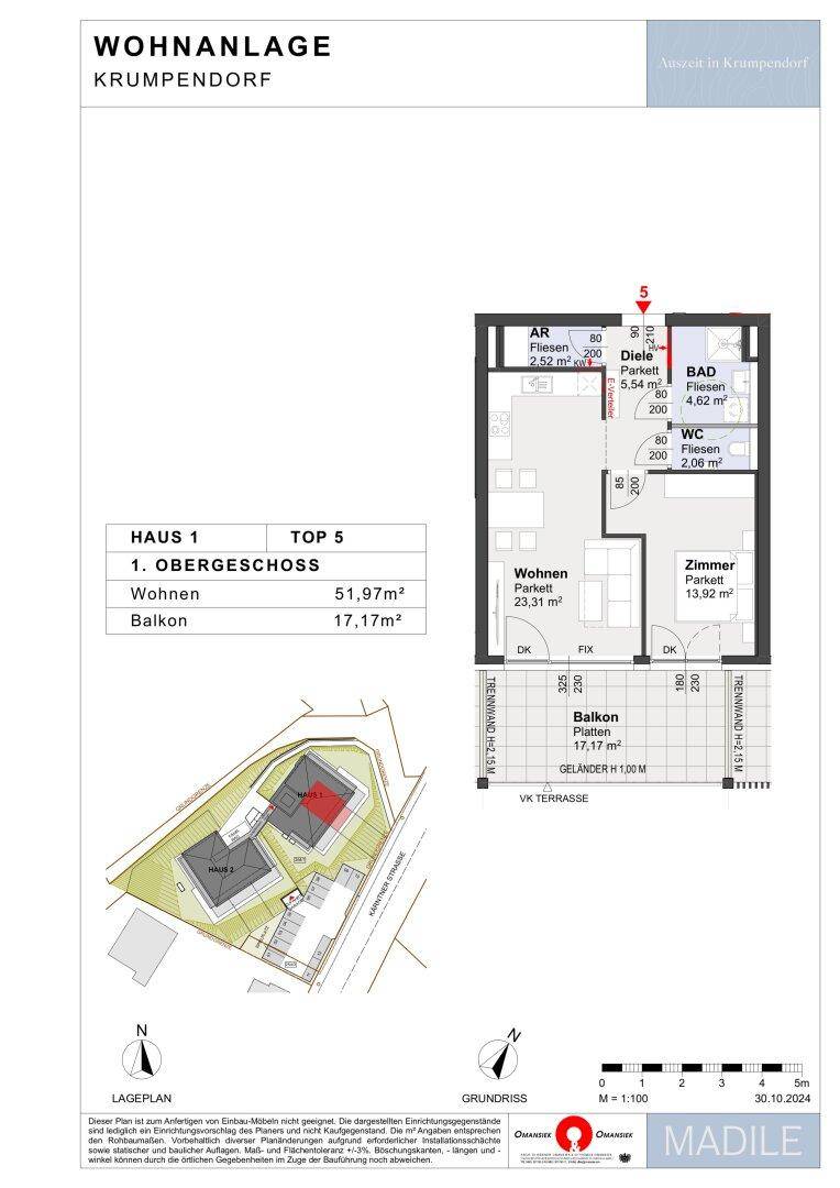 Grundriss einer Wohnung im Obergeschoss mit Wohnbereich, Schlafzimmer, Bad, separatem WC und Balkon.