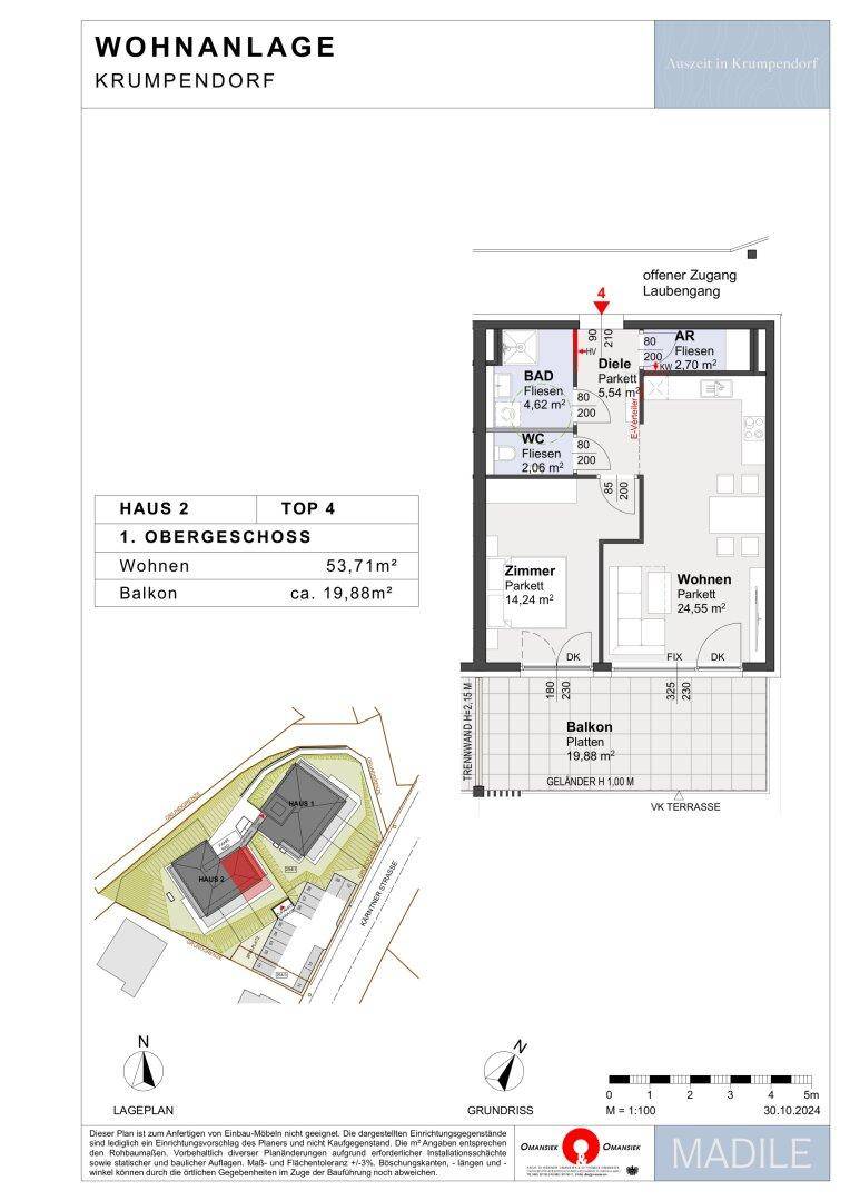 Grundriss einer Wohnung im ersten Obergeschoss mit Wohnbereich, Schlafzimmer, Bad und großem Balkon.