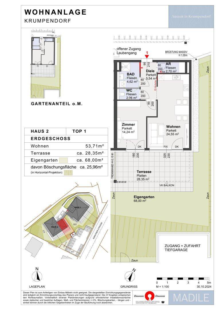 Detaillierter Grundriss für eine Erdgeschosswohnung mit Terrasse, Gartenanteil und Tiefgaragenzugang.