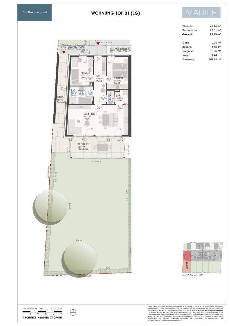 Detaillierter Grundriss einer Erdgeschosswohnung mit Terrasse und eigenem Gartenbereich.