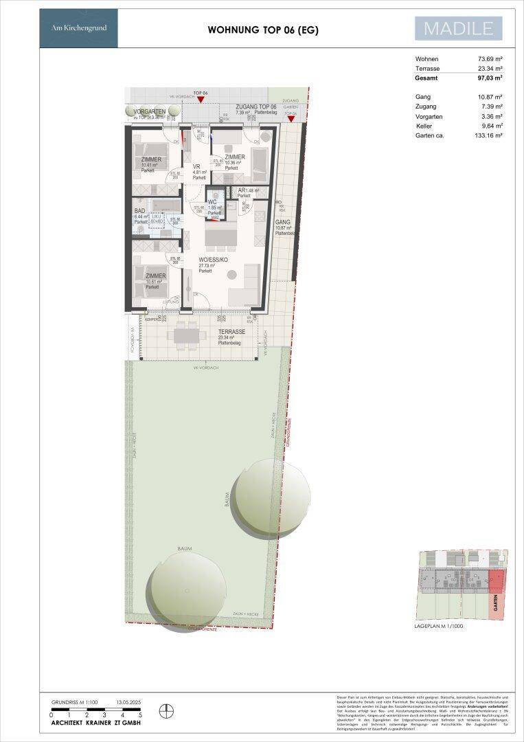 Grundriss einer Wohnung mit offenem Wohnbereich, Terrasse und privatem Garten.