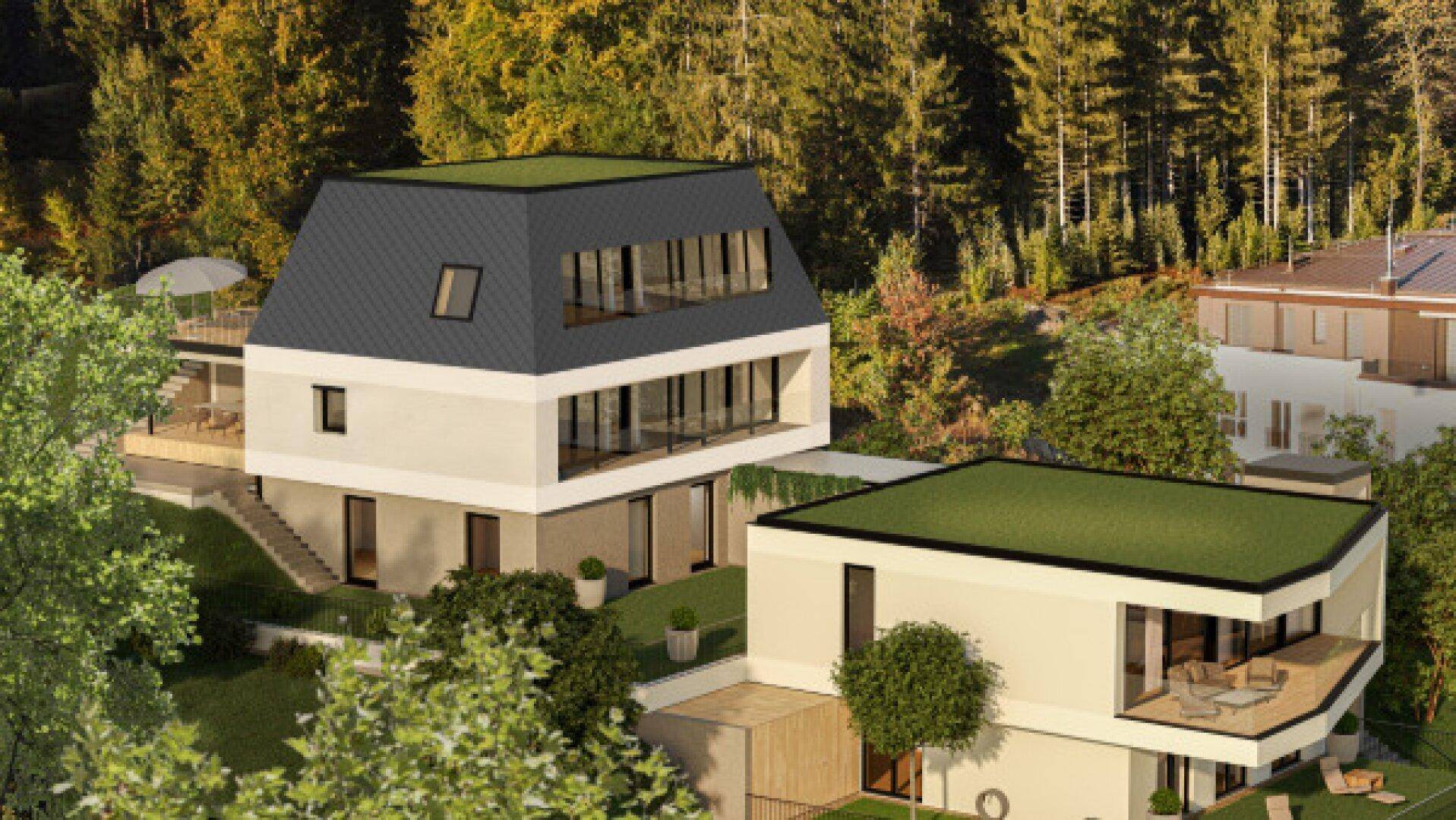 Zwei moderne Häuser mit grünen Dächern, eingebettet in eine bewaldete Hügellandschaft.