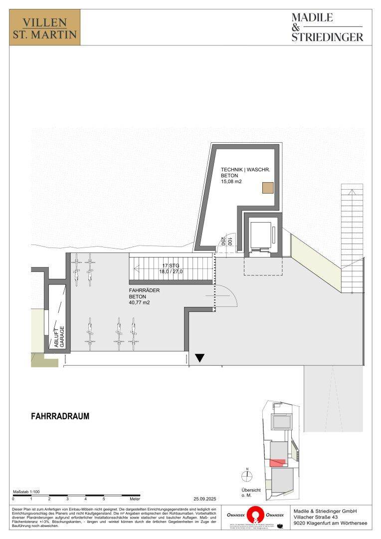 Grundriss des Fahrradraums und Technik-/Waschraums im Untergeschoss der Villenanlage.