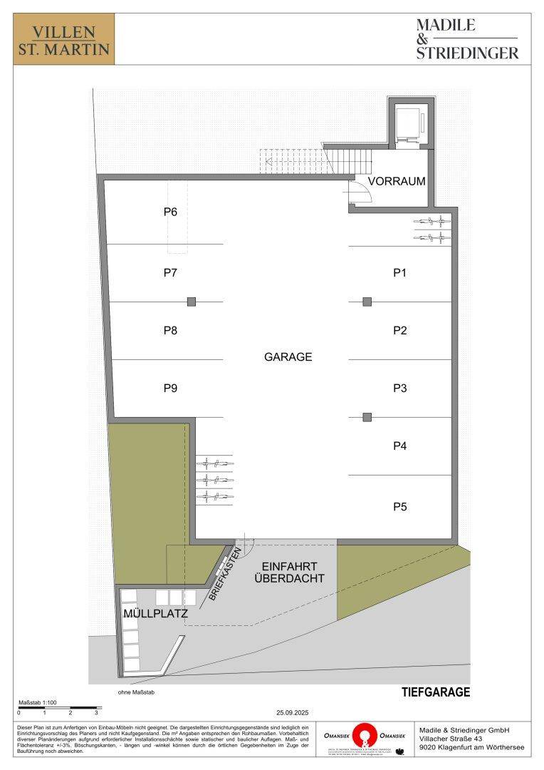 Grundriss der Tiefgarage mit mehreren Stellplätzen und Zugang zum Müllplatz.
