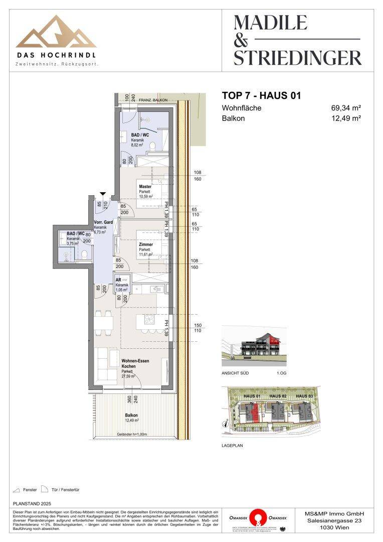 Grundriss für eine Wohnung mit offenem Wohn-Essbereich, zwei Bädern und zwei Balkonen.