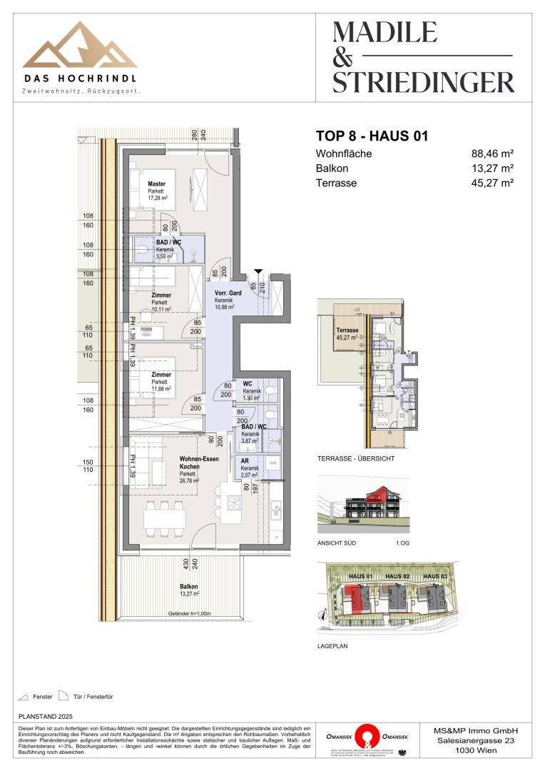 Grundriss für Top 8, Haus 01, mit offenem Wohnbereich, Balkon, Terrasse und Abstellraum.