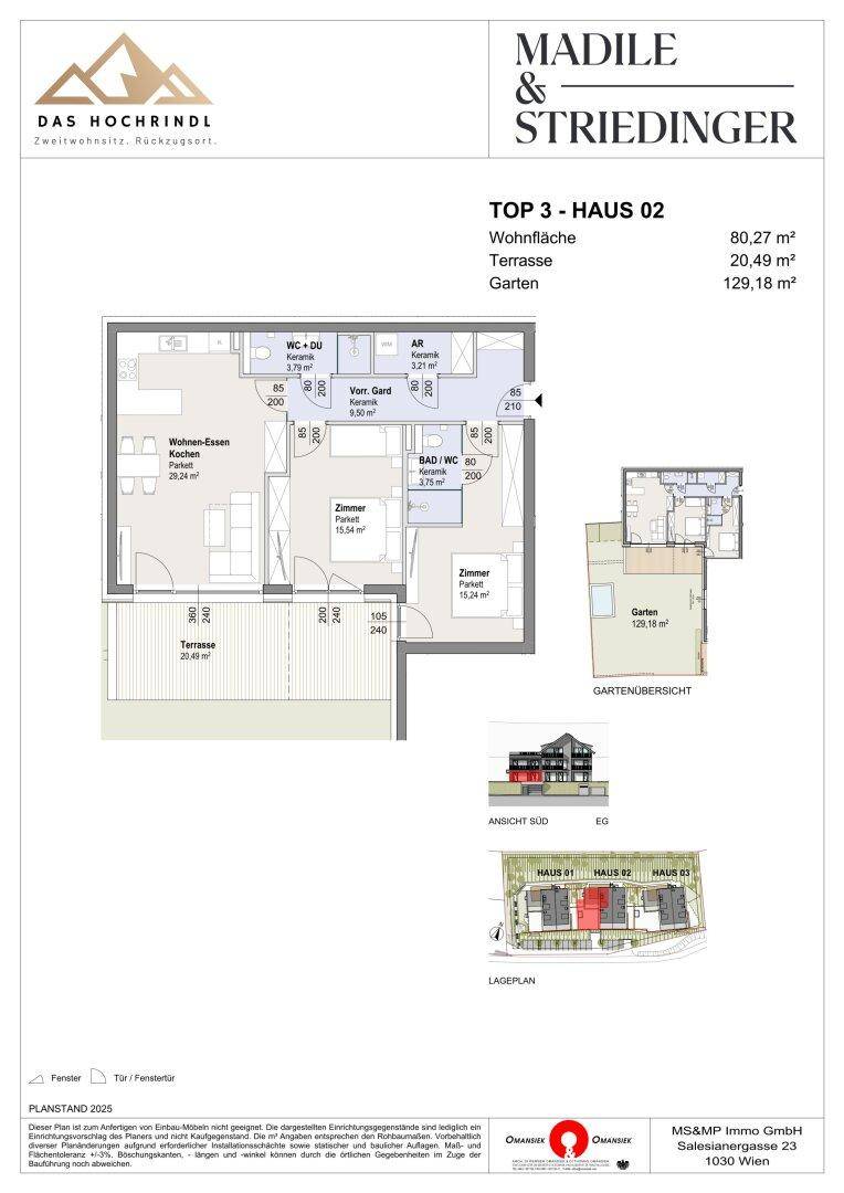 Grundriss für Top 3 - Haus 02 mit offenem Wohnbereich, Terrasse und Gartenübersicht.