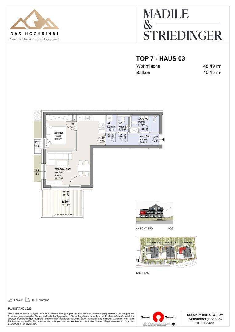 Grundriss einer Wohnung mit offenem Wohn-Essbereich, Schlafzimmer, Bad und Balkon.