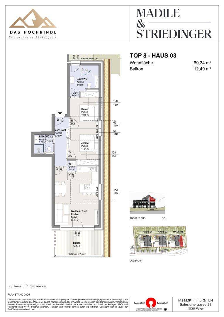 Grundriss für TOP 8 in Haus 03 mit Wohn-Essbereich, zwei Schlafzimmern und Balkon.
