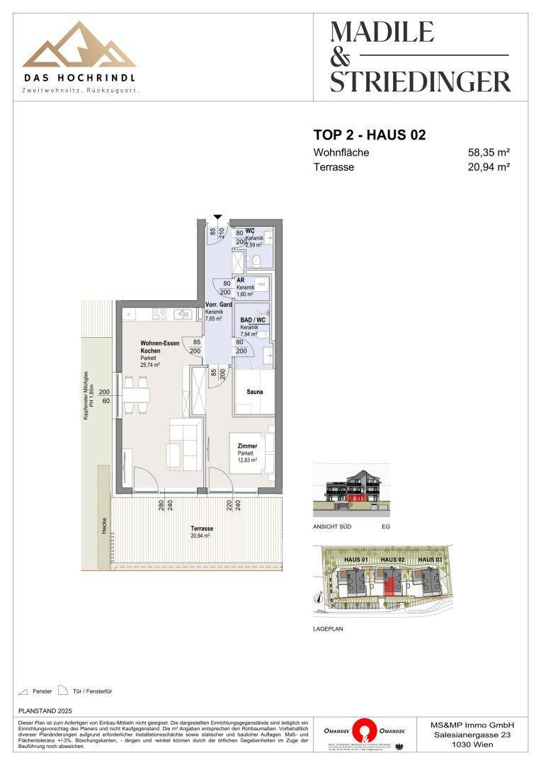 Grundriss von Top 2 in Haus 02 mit Wohnfläche von 58,35 m² und Terrasse.