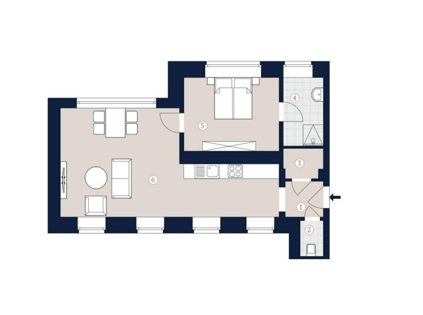 Moderner Grundriss einer Wohnung mit einem Schlafzimmer und offenem Wohnbereich.