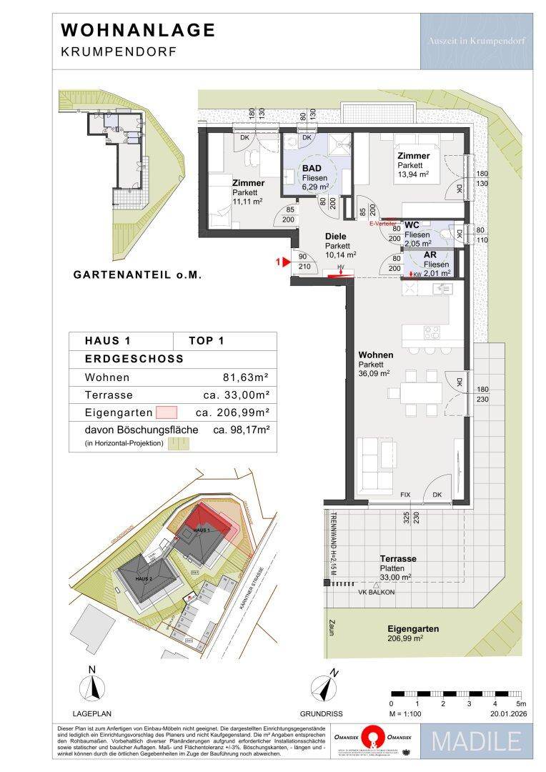 Grundriss für eine Erdgeschosswohnung mit Terrasse, Gartenanteil und drei Zimmern.