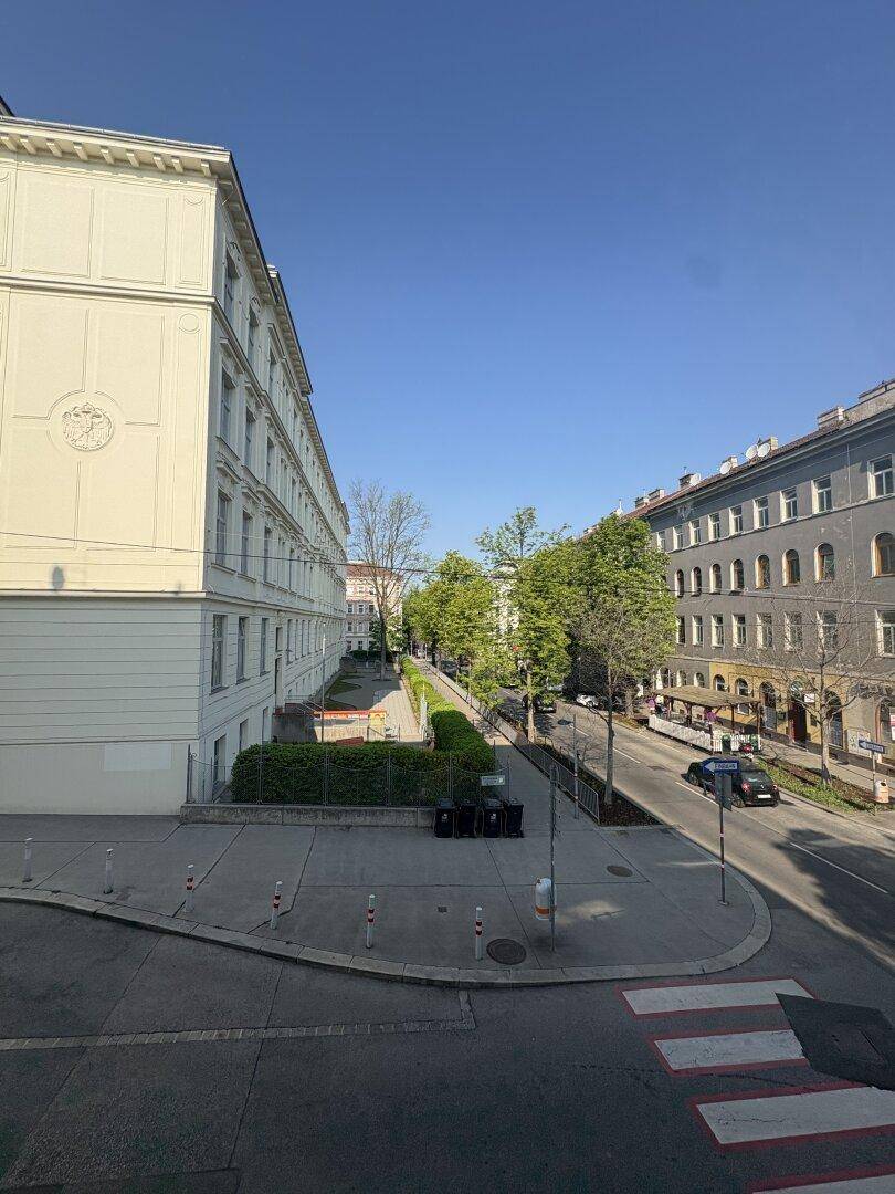 Blick von oben auf eine belebte Straße mit Bäumen und umliegenden Gebäuden unter klarem blauem Himmel.